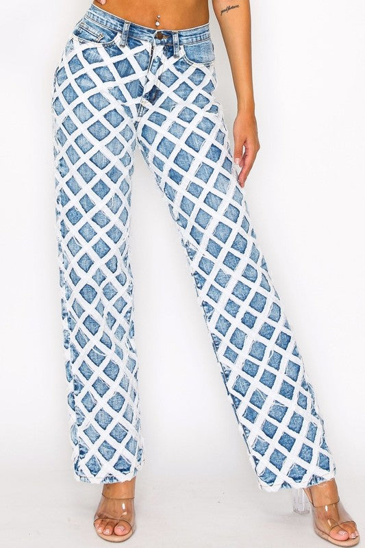 High Rise Diamond Pattern Jeans